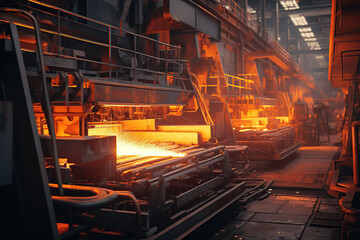 Fototapeta na wymiar Intense heat and glow of steel components amid the industrial ambiance of a metallurgic production line.