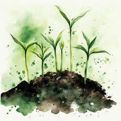 seedlings in the garden, a plant sprout in the ground. watercolor illustration. artificial intelligence generator, AI, neural network image. background for the design.