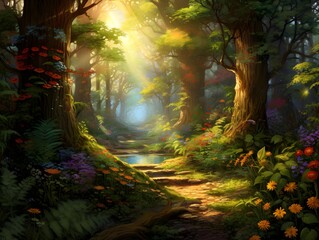 Beautiful fantasy forest with a path leading to the sun and flowers