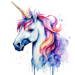 Obraz na płótnie Canvas A colored unicorn, a magic horse. watercolor illustration. artificial intelligence generator, AI, neural network image. background for the design.