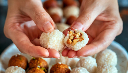 Hands Forming Rice Balls with Various Fillings