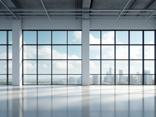 Spacious and contemporary office interior with large windows offering a stunning cityscape, bathed in natural light.