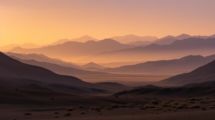 Beautiful mountainous desert foggy landscape at sunrise dawn