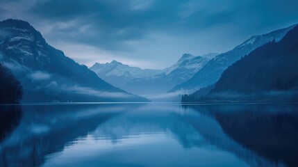Beautiful still lake and mountains cold dusk landscape with some clouds and water reflection - obrazy, fototapety, plakaty