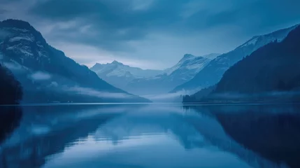 Fotobehang Beautiful still lake and mountains cold dusk landscape with some clouds and water reflection © NickArt