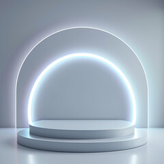 Abstract shine silver cylinder pedestal podium. Sci-fi white empty room concept with semi circle glowing neon lighting. Vector rendering 3d shape   ai technology