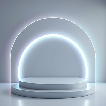 Abstract shine silver cylinder pedestal podium. Sci-fi white empty room concept with semi circle glowing neon lighting. Vector rendering 3d shape ai technology © Hulkbuster