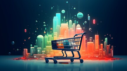 Shopping cart and city skyline. Online shopping concept. 3d illustration