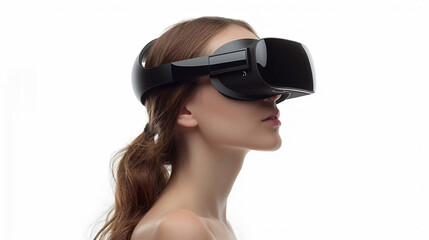 Fototapeta premium Young woman wearing virtual reality glasses, AI-generated.