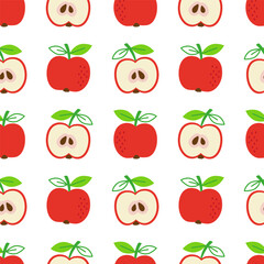 Vector hand drawn seamless pattern in a doodle style. Whole apples and half apples on white background