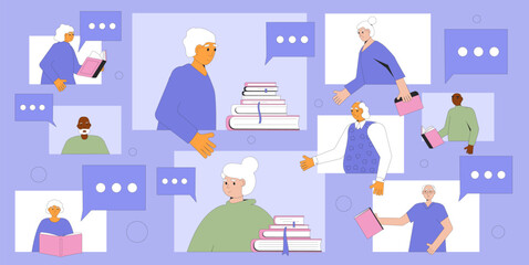 Social book community for older adults. Senior members of reading club have a meeting for discussion about literature and culture. Retirement lifestyle.