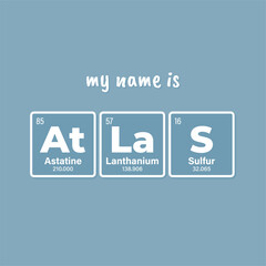 Vector inscription name ATLAS composed of individual elements of the periodic table. Text: My name is. Purple background