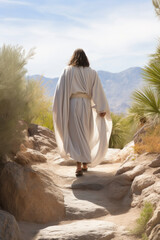 Back view of Jesus Christ in a serene natural setting. Easter and religion - 725494442