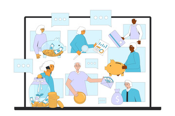 Financial club online for senior people. Retirement plans and literacy for older adults. with money. Savings and budget community. Vector illustration.