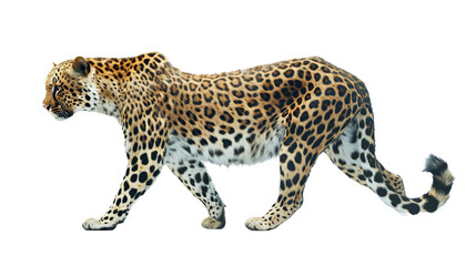 Majestic Leopard Striding Across White Background