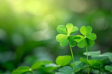 Four-leaf green clover for good luck on St. Patrick's Day, bright green background, holiday concept of spring, plant clover symbol