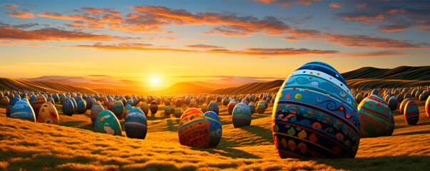 Sunset on a hilly landscape with rows of colorful Easter eggs with golden patterns. Easter celebration, spring theme, rural idyll, meditation - obrazy, fototapety, plakaty