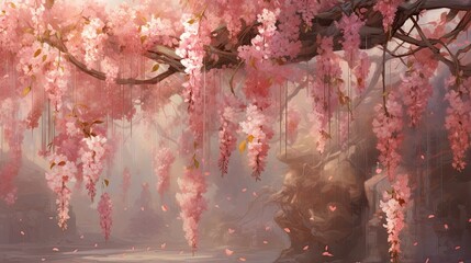 Fototapeta premium Illustration of hanging garlands of cherry blossoms, romantic style