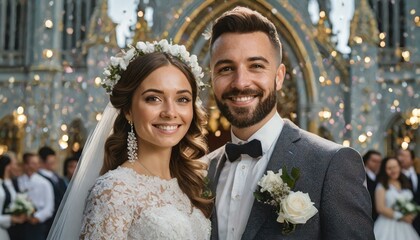 A young couple showered with confetti after leaving the church