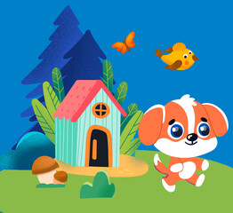 Obraz na płótnie Canvas Cute dog walking through woods near house. Cartoon illustration. Full texture picture, scene for design. 