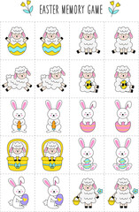 Printable Easter memory game for kids. Cute Easter rabbits and sheep.