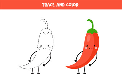 Trace and color cute red hot chili pepper. Printable worksheet for children.