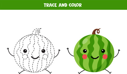 Trace and color cute green watermelon. Printable worksheet for children.