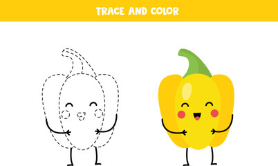 Fototapeta premium Trace and color cute yellow pepper. Printable worksheet for children.