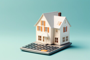 House model shaped calculator on light blue background. Calculations and planning when buying property. Mortgage loan, rent and real estate concept