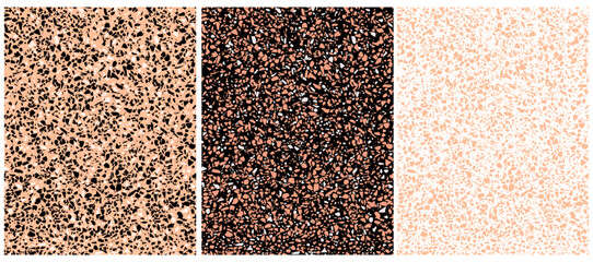 Terrazzo Semless Vector Patterns. Simple Irregular Abstract Geometric Repeatable Prints. Granite Surface Style Endless Design. Hand Drawn Tiny Spots on a White, Black and Peach Fuzz Background. RGB.