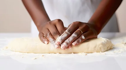 Foto op Canvas woman dark Hands kneading dough on a floured wood surface, baking process, fresh ingredients visible, culinary art, home cooking. Generative AI  © anna