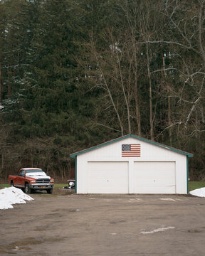 American flag on a garage in Colden, New York