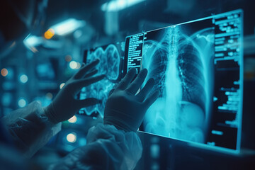 Close-up of a doctor examining an x-ray of a patient's lungs and chest