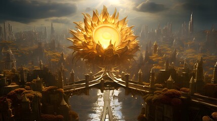 3D illustration of a golden sun with a bridge over the river