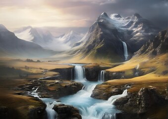 Naklejka premium landscape with lake and mountains, waterfall, morning, jungle