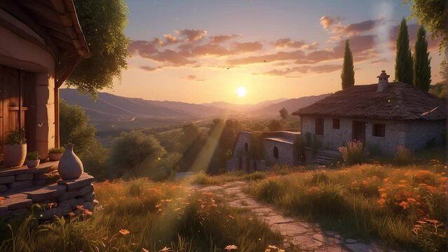 Immerse yourself in the tranquility of a hillside residence, surrounded by stunning green grass fields and fluttering butterflies in this 4k loop animation.