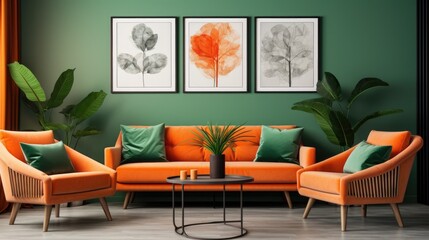Green sofa and orange chairs against wall with poster frame. Mid - century, vintage, retro style home interior design of modern living room