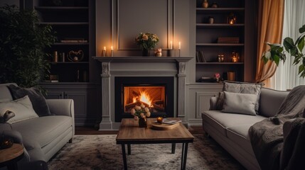 Grey cozy corner sofa and rustic coffee table in room with fireplace. French country, farmhouse home interior design of modern living room