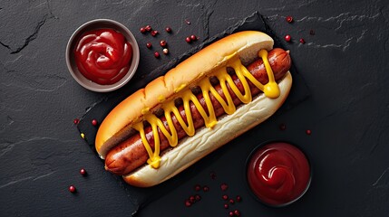 Barbecue grilled hot dog with sausage and yellow mustard with ketchup top view. Traditional American fast food. Image of food.