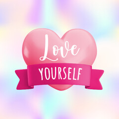 Love yourself greeting card concept. Valentine's day banner template. Cute realistic 3d heart, ribbon and text on holographic gradient background. Trendy cartoon 3d Valentines motivational design