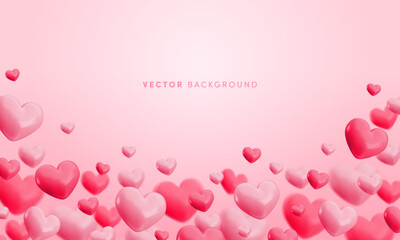 Vector cute flying pink hearts background. Glossy realistic 3d render heart balloons on soft gradient pink background with copy space. Valentines day wallpaper, cartoon 3d design for greeting, web