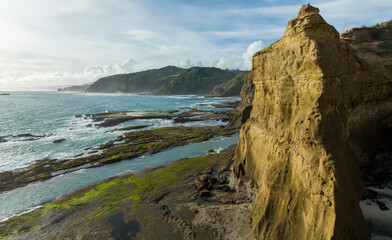 Aerial: Rocky coastline with waves crashing along it it. Murawai, Auckland, New Zealand., Auckland,...