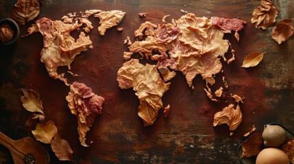 World map made of meat. All continents of the food world