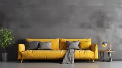 Grey sofa with mustard color pillows against dark concrete wall with copy space, Loft home interior design of modern living room