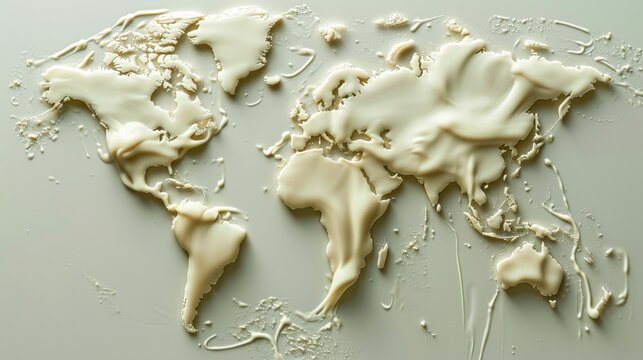 World map made of white liquid. All continents of the milk products world