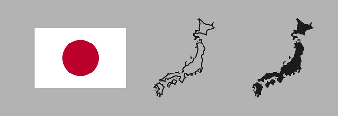 Japan flag and map silhouette linear and black illustration. Vector