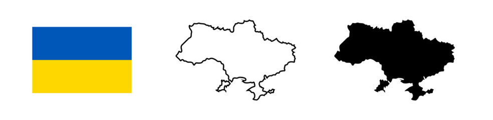 Ukraine flag and map silhouette linear and black illustration. Vector