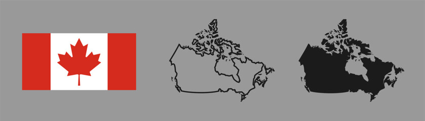 Canada flag and map silhouette linear and black illustration. Vector