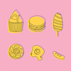 food icon set cake macaron, tomato, egg, sausage, and corn dog yellow color vector design 