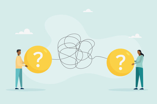 Problems in communication concept, misunderstandings create confusion in work, unclear messages and information are conveyed incorrectly, businessman and woman have problems understanding each other. 